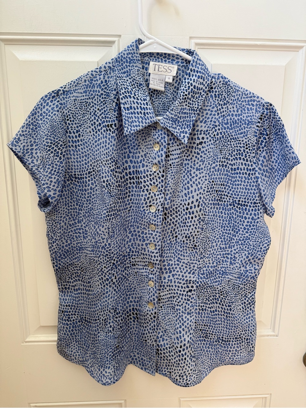 TESS Silk Blue Dot Print Short Sleeve Button-Up Blouse